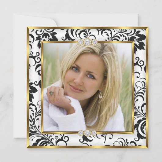 素晴らしい50thフォト白黒金ゴールドダマスクパーティー 招待状 (裏面)