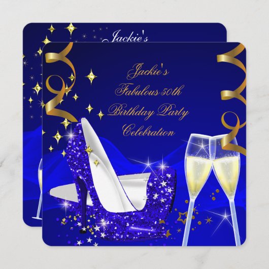 素晴らしい50thブルーグリッターハイヒール誕生日2 招待状 (正面/裏面)
