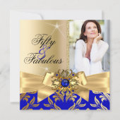 素晴らしい50thブルーパール金ゴールドリーフボウ誕生日 招待状 (正面)