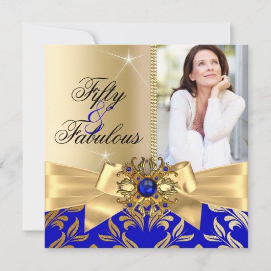 素晴らしい50thブルーパール金ゴールドリーフボウ誕生日 招待状 (正面)