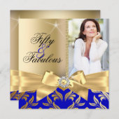 素晴らしい50thブルー金ゴールドリーフ&ボウ50th誕生日 招待状 (正面/裏面)