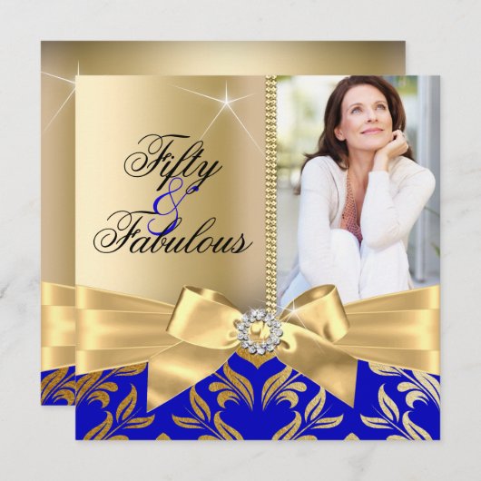 素晴らしい50thブルー金ゴールドリーフ&ボウ50th誕生日 招待状 (正面/裏面)