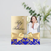 素晴らしい50thブルー金ゴールドリーフ&ボウ50th誕生日 招待状 (スタンド正面)