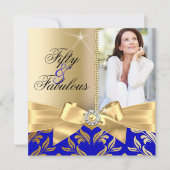 素晴らしい50thブルー金ゴールドリーフ&ボウ50th誕生日 招待状 (正面)