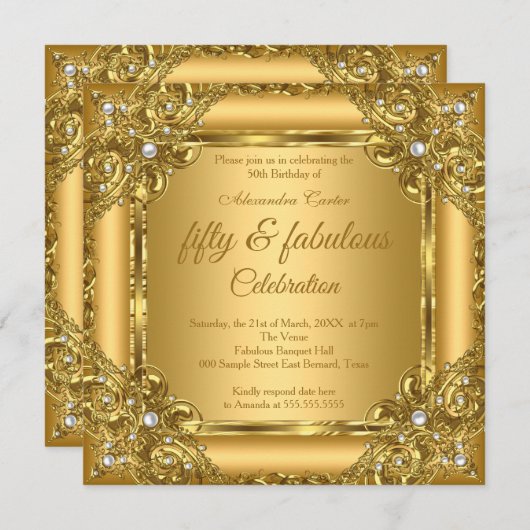 素晴らしい50th写真金ゴールドオン金ゴールドパールパーティー 招待状 (正面/裏面)