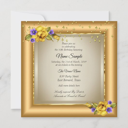 素晴らしい50th誕生日パーティー金ゴールド黄色の花 招待状 (裏面)