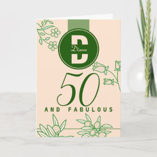 素晴らしい50th誕生日モノグラムフローラグリーン&ベージュ カード