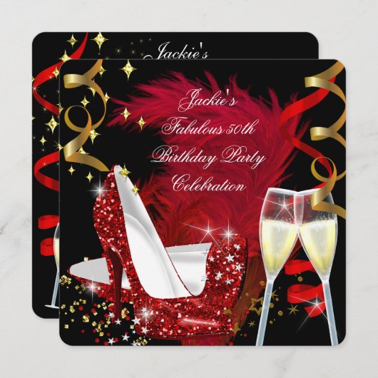 素晴らしい50th赤グリッターハイヒールバースデーパーティー 招待状 (正面/裏面)