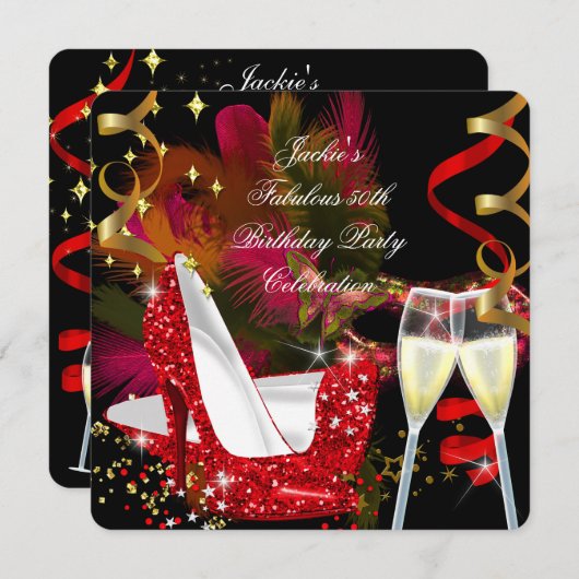 素晴らしい50th赤金ゴールドグリッターハイヒールパーティー 招待状 (正面/裏面)