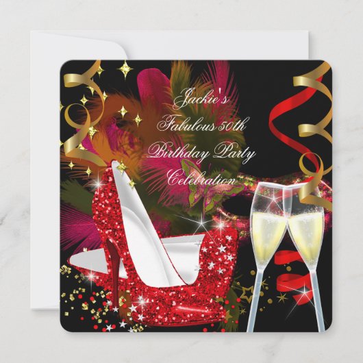 素晴らしい50th赤金ゴールドグリッターハイヒールパーティー 招待状 (正面)