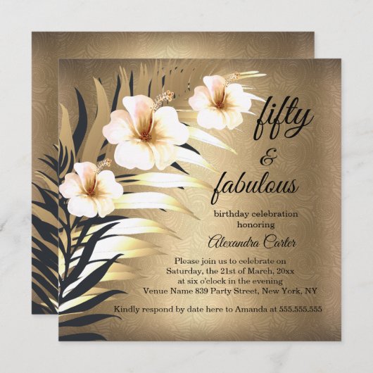 素晴らしい50th金ゴールドブラウンベージュブラックフローラパーティー 招待状 (正面/裏面)