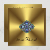 素晴らしい50th金ゴールドブルージュエルエレガント誕生日 招待状 (正面/裏面)