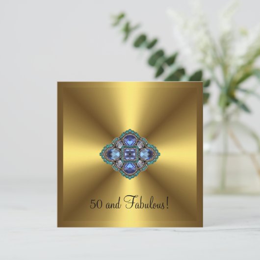 素晴らしい50th金ゴールドブルージュエルエレガント誕生日 招待状 (スタンド正面)