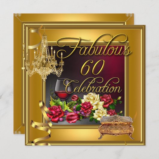 素晴らしい60お祝い60th金ゴールドレッドローゼワイン 招待状 (正面/裏面)