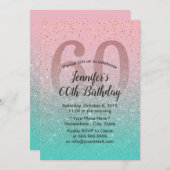 素晴らしい60ピンクターコイズグリッターグラデーション誕生日 招待状 (正面/裏面)
