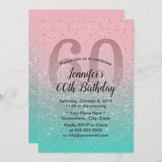 素晴らしい60ピンクターコイズグリッターグラデーション誕生日 招待状 (正面/裏面)