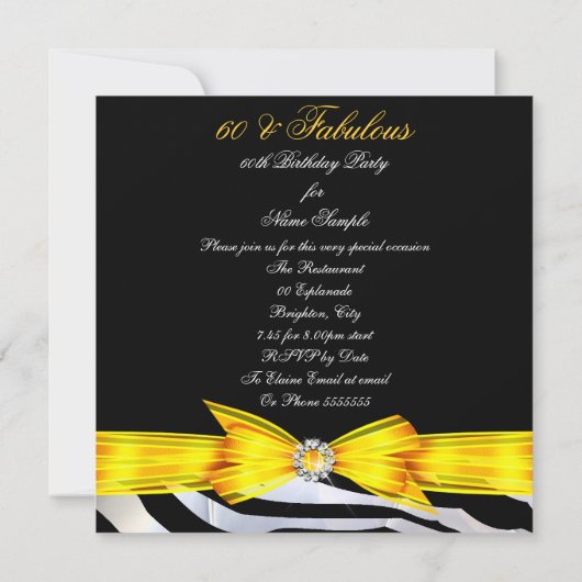 素晴らしい60フォトイエローゼブラブラック誕生日 招待状 (裏面)