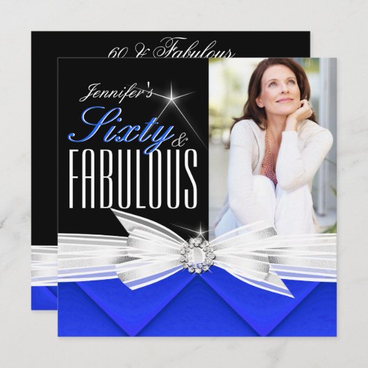 素晴らしい60フォトブルーエレガントな誕生日パーティー3 招待状 (正面/裏面)