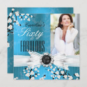 素晴らしい60フォトブルーエレガントブロッサム誕生日2 招待状 (正面/裏面)