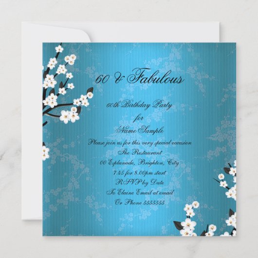 素晴らしい60フォトブルーエレガントブロッサム誕生日2 招待状 (裏面)