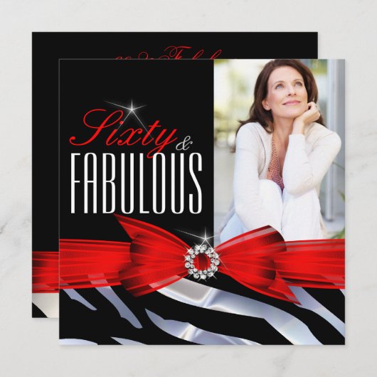 素晴らしい60フォトレッドゼブラ白黒誕生日 招待状 (正面/裏面)