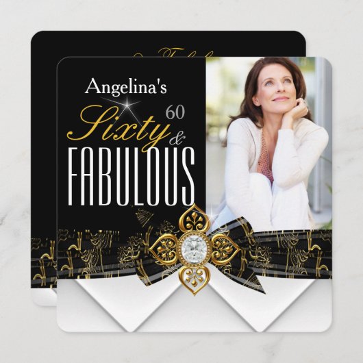 素晴らしい60フォト金ゴールドエレガントモダン誕生日 招待状 (正面/裏面)