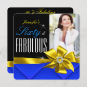 素晴らしい60ブルーイエローボウフォトバースデーパーティー 招待状 (正面/裏面)