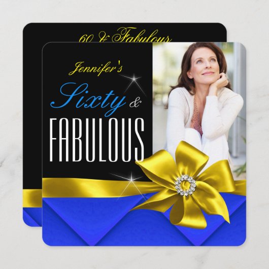 素晴らしい60ブルーイエローボウフォトバースデーパーティー 招待状 (正面/裏面)