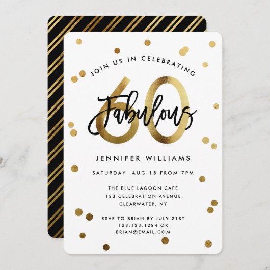 素晴らしい60番目 |モダン金ゴールドエレガント誕生会 招待状 (正面/裏面)