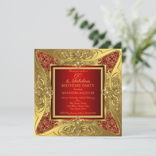 素晴らしい60赤金ゴールド誕生日パーティーダイヤモンド 招待状 (スタンド正面)