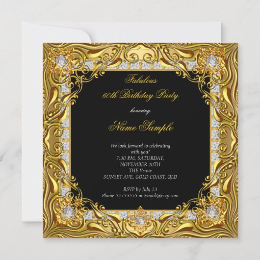 素晴らしい60金ゴールドダイヤモンドブラック60th誕生日パーティー 招待状 (裏面)