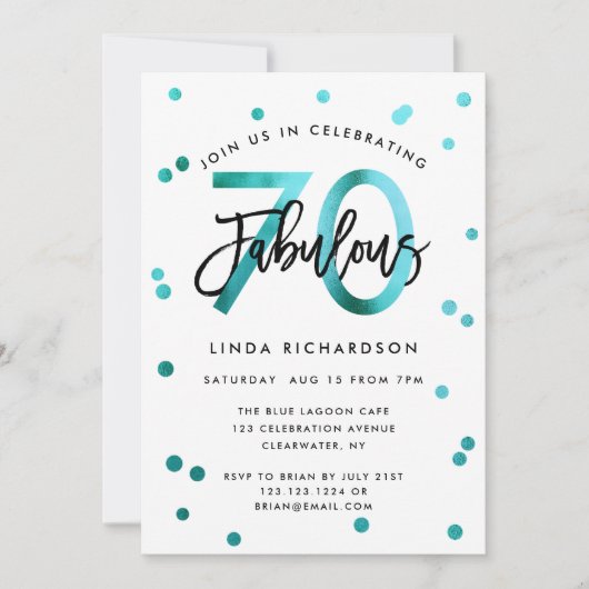 素晴らしい70番目 |モダンエレガントティール（緑がかった色）誕生会 招待状 (正面)