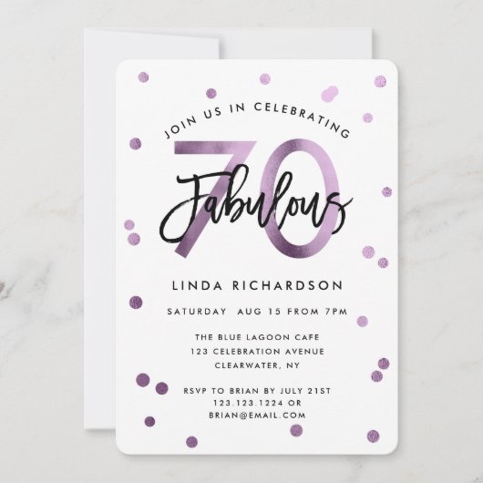 素晴らしい70番目 |薄紫モダンパープル誕生日パーティー 招待状 (正面)