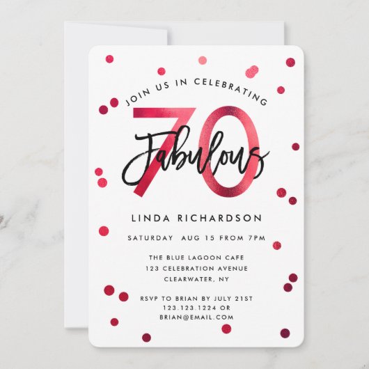 素晴らしい70番目 |赤モダンエレガント誕生日パーティー 招待状 (正面)