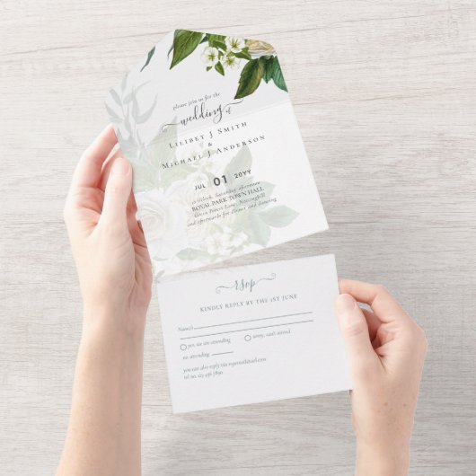 素晴らしい ダスティーブルーとホワイトのローズ ウェディングスイート オールインワン招待状 (貼ってはがせる)