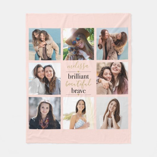 素晴らしい 美しい 勇敢な 8枚の写真の頬紅 ピンク フリースブランケット (正面)