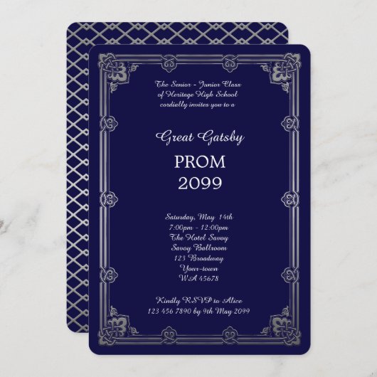 、素晴らしいGatsby年長後輩のプロム銀、海軍 招待状 (正面/裏面)