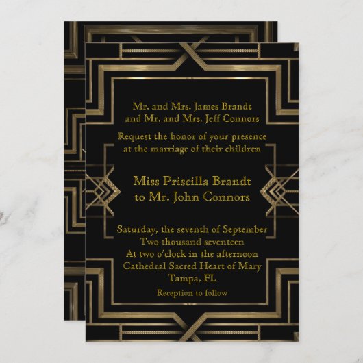 素晴らしいGatsby結婚式招待状の黒及び金ゴールド 招待状 (正面/裏面)