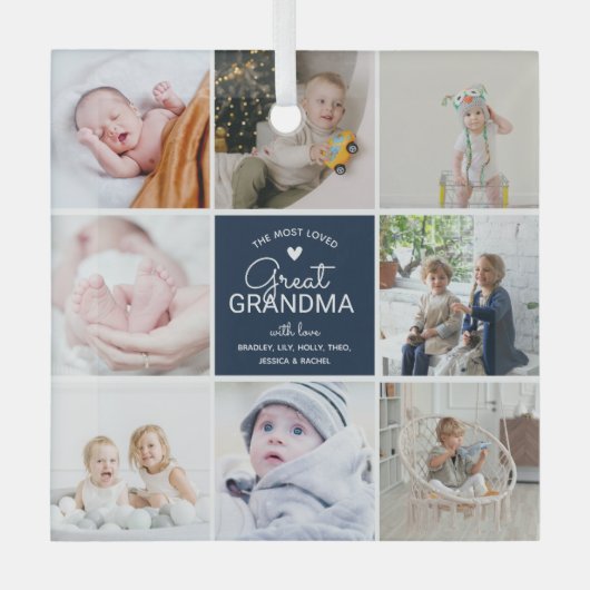 素晴らしおばあちゃん「最も愛された」フォトコラージュスロー ガラスオーナメント (正面)