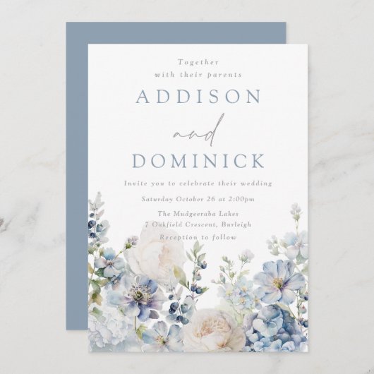 素晴らしほこりっぽい青い花が四季折々結婚の 招待状 (正面/裏面)