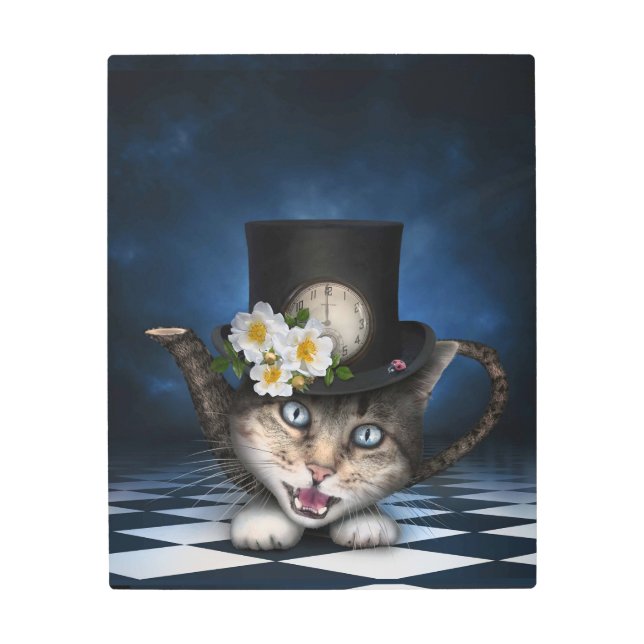 素晴らしアリスinワンダーランドティーポット猫 メタルプリント (正面)