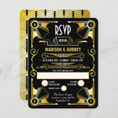 素晴らしギャツビーアールデコ結婚の華やかな金ゴールド&ブラック 出欠カード (正面/裏面)