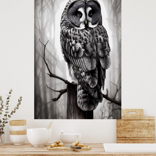 素晴らしグレイ絵画フクロウ ポスター (キッチン)