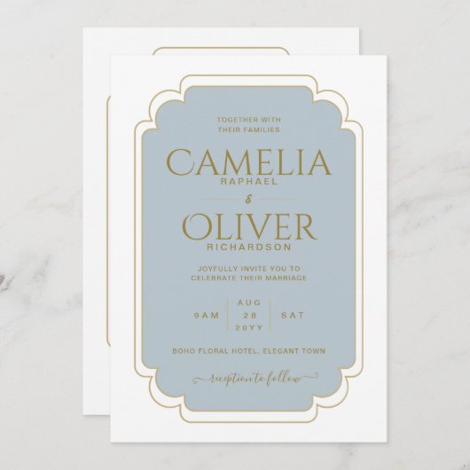 素晴らしダスティブルー金ゴールドモノクロ結婚ズ 招待状 (正面/裏面)