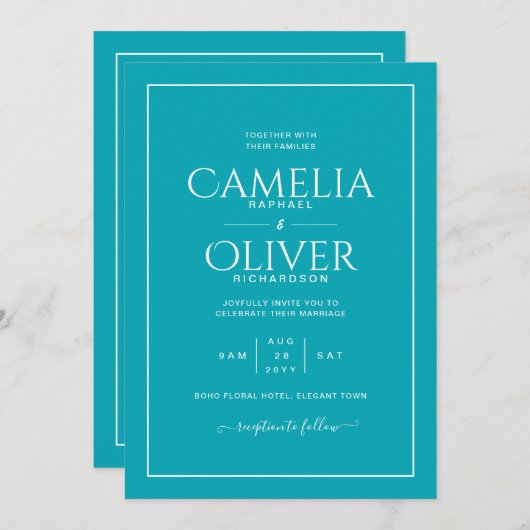 素晴らしティール（緑がかった色）ピーコックブルーモノワ結婚ー 招待状 (正面/裏面)