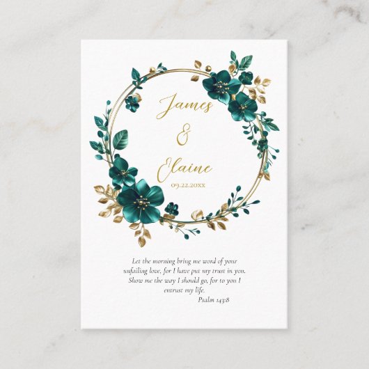 素晴らしティール（緑がかった色）フラワーズ結婚オーソドックス祈りの言葉カード プレイスカード (正面)