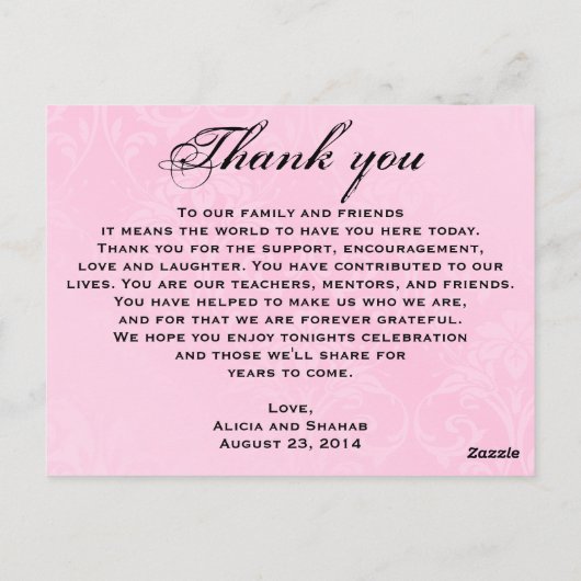 素晴らしバラ結婚のディナーメニューありがとう ポストカード (裏面)