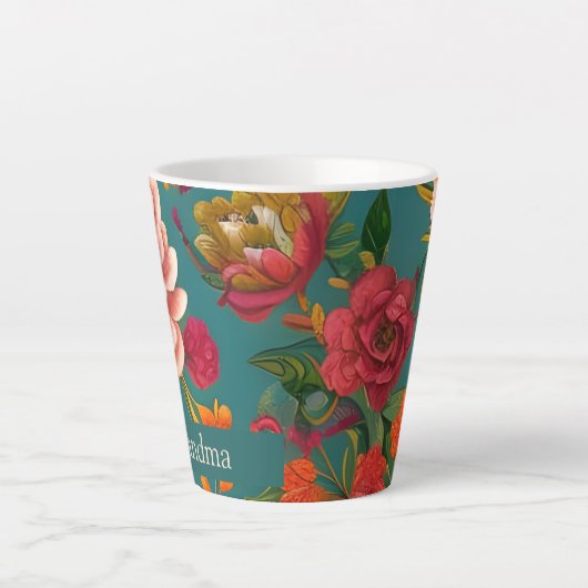 素晴らしフローラピンク緑オレンジとティール(緑がかった色) カフェラテマグ (正面)