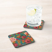 素晴らしフローラピンク緑オレンジとティール（緑がかった色） コースター (右側)