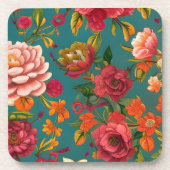 素晴らしフローラピンク緑オレンジとティール（緑がかった色） コースター (正面)